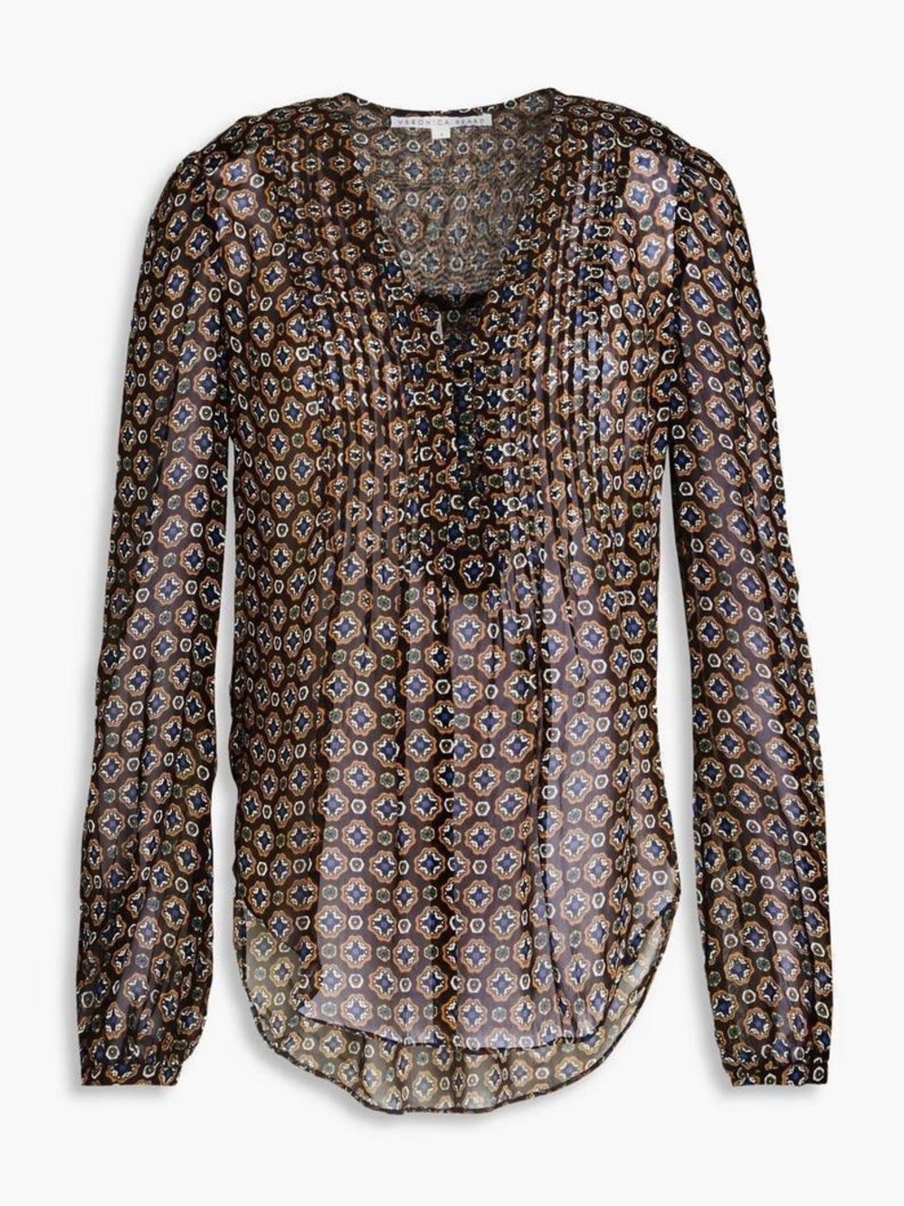 Veronica Beard Lowell Token-Print Sheer Blouse Long Sleeve Size 14